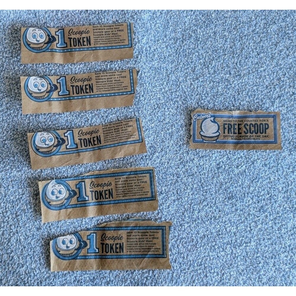 Lot Of 5 Culver’s Fast Food Kids Meal Scoopie Tokens 1 Free Scoop Token